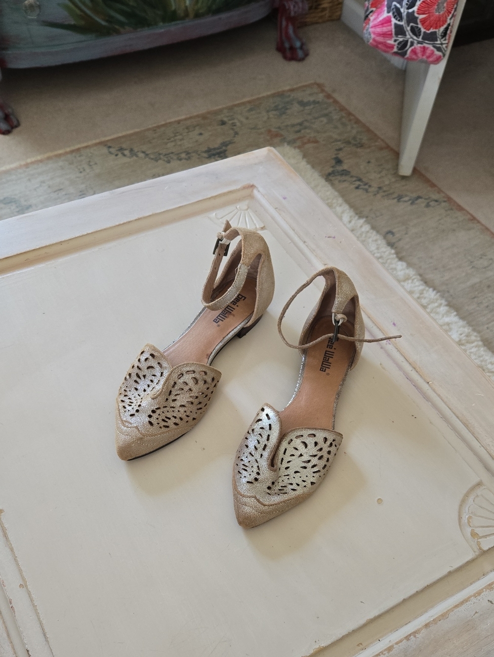 Women's Beige Laser-Cut Pointed D'Orsay Ankle-Strap Flats